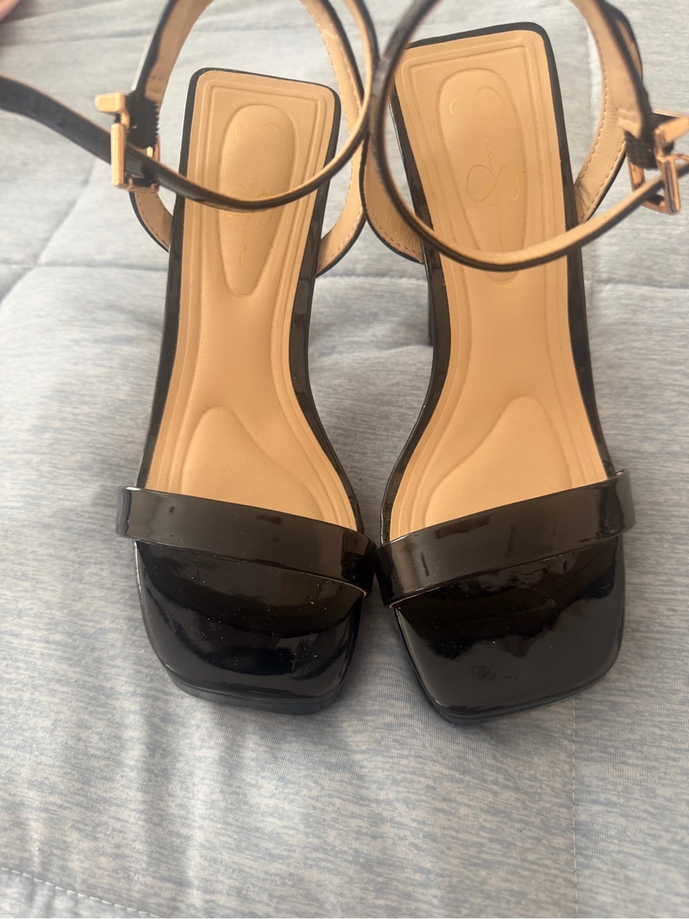Jessica Simpson Black Patent Square-Toe Ankle Strap Heels